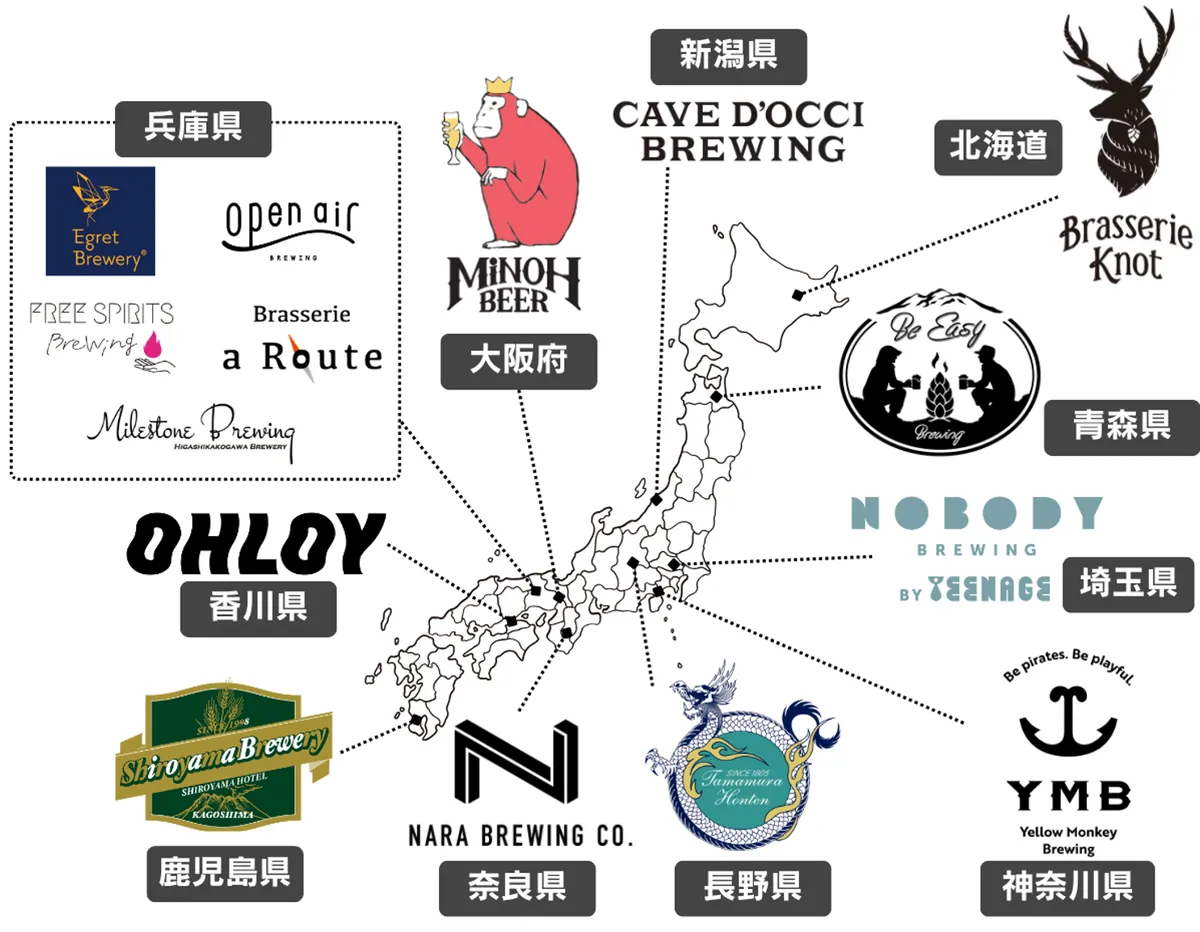 出店する15ブルワリーのロゴを地図上に並べた図