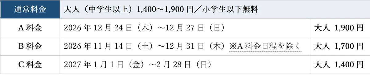 ネスタイルミナの料金表。大人1,400〜1,900円、小学生以下無料