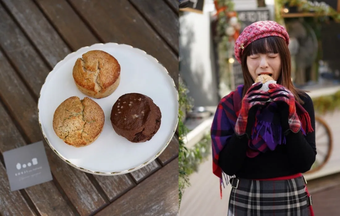 Three kinds of scones on a white plate, and a woman in tartan biting into a scone