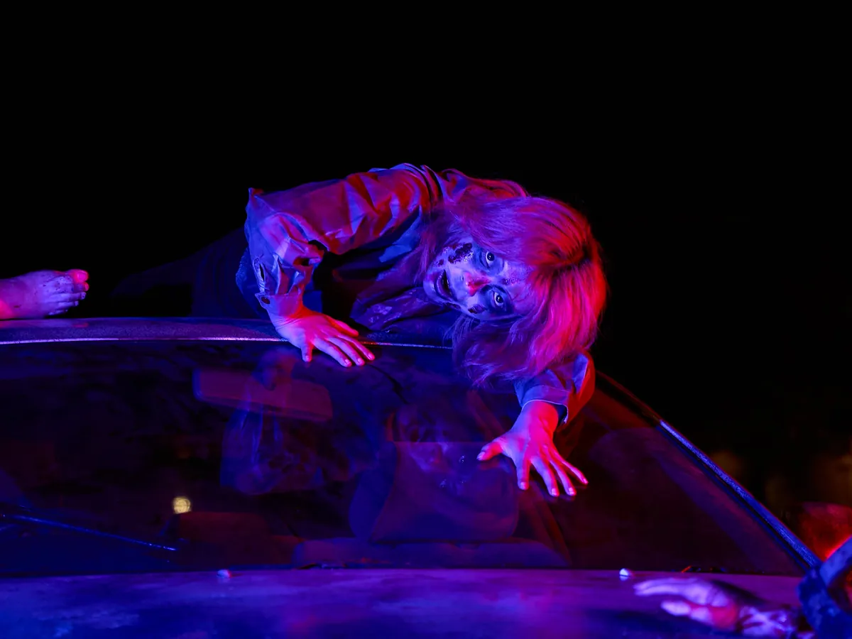赤紫の照明のなか、車の屋根から窓をのぞきこむゾンビ役の出演者