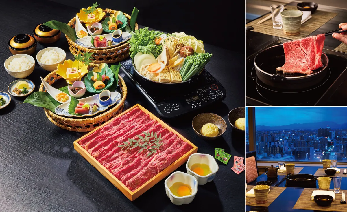 籠盛りの前菜・お造りと、すき焼きの野菜、大阪ウメビーフの肉が並ぶコースの一例。右には肉を焼く様子と夜景を望む席